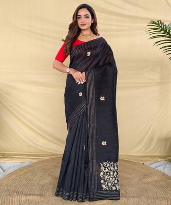 Black matka silk saree with all over designer embroidery 4