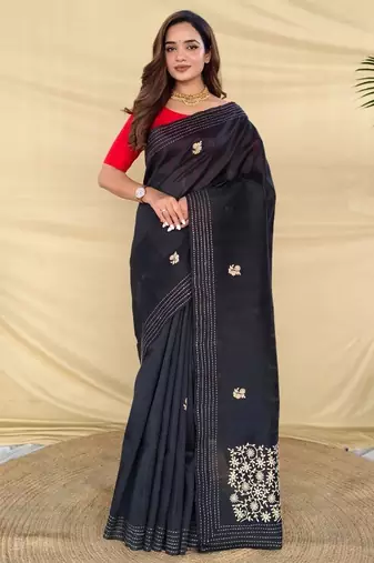 Black matka silk saree with all over designer embroidery