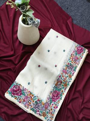 white tissue viscose fabric saree with flower design 1