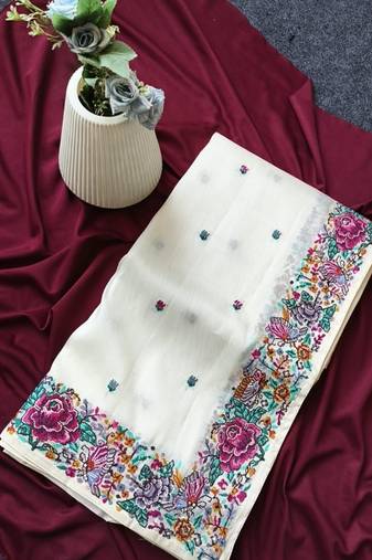 white tissue viscose fabric saree with flower design