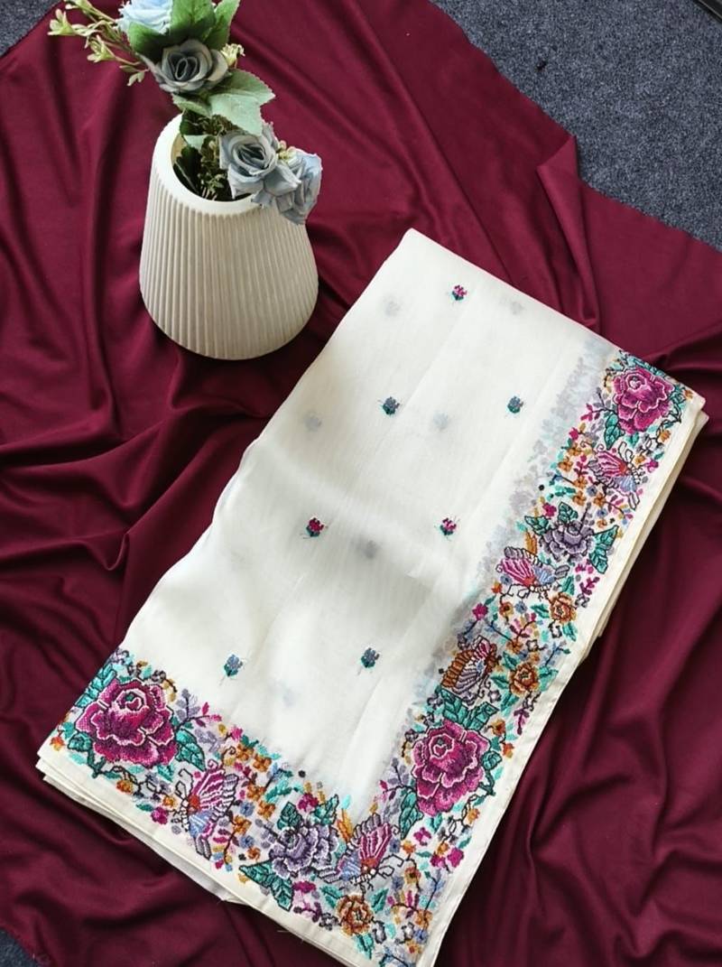 white tissue viscose fabric saree with flower design