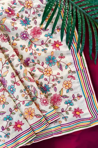 White loom tussar saree with all over designer embroidery
