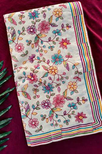 White loom tussar saree with all over designer embroidery