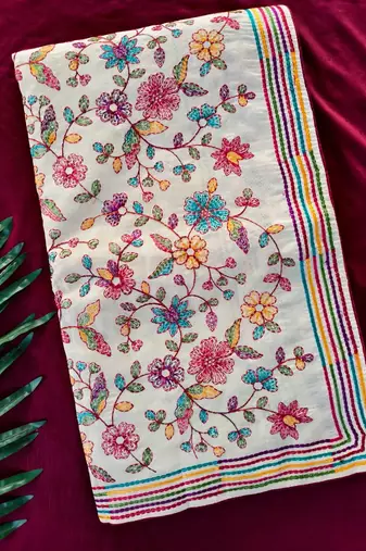 White loom tussar saree with all over designer embroidery