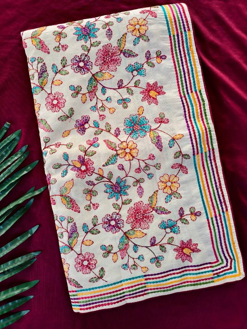 White loom tussar saree with all over designer embroidery