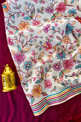 White loom tussar saree with all over designer embroidery