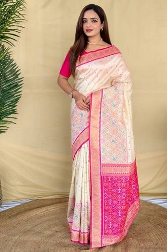 Ivory soft silk saree with multithread zari contrast border and pallu