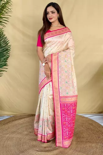 Ivory soft silk saree with multithread zari contrast border and pallu