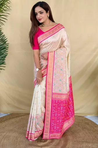 Ivory soft silk saree with multithread zari contrast border and pallu