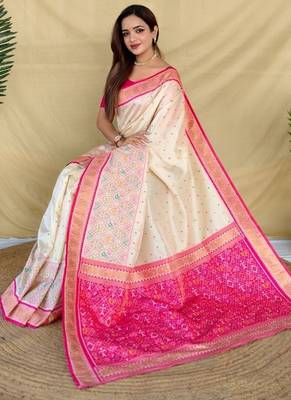 Ivory soft silk saree with multithread zari contrast border and pallu 5