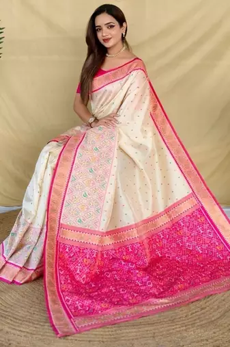 Ivory soft silk saree with multithread zari contrast border and pallu