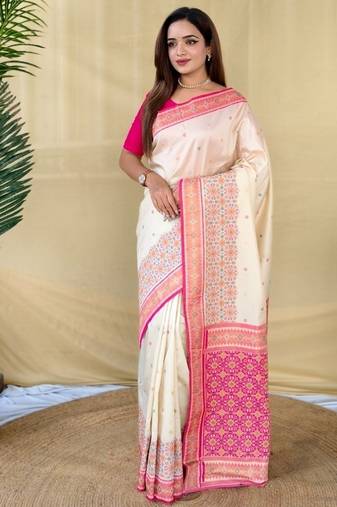 Ivory soft silk saree with multithread zari contrast patola border and pallu