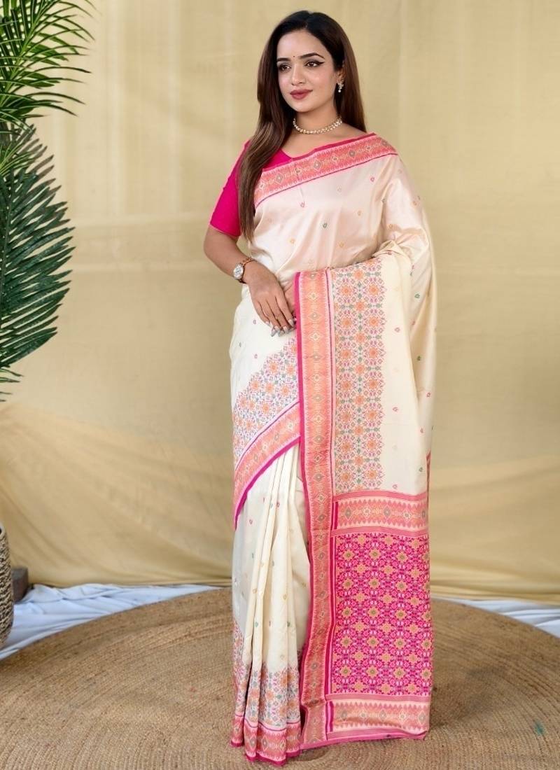 Ivory soft silk saree with multithread zari contrast patola border and pallu