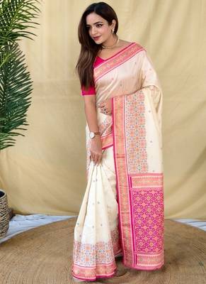 Ivory soft silk saree with multithread zari contrast patola border and pallu 2