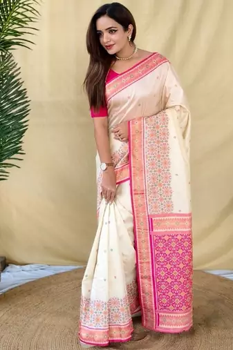 Ivory soft silk saree with multithread zari contrast patola border and pallu