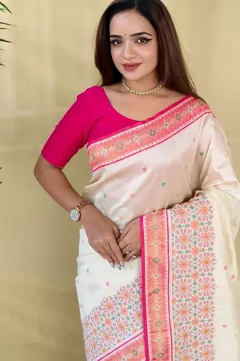 Ivory soft silk saree with multithread zari contrast patola border and pallu