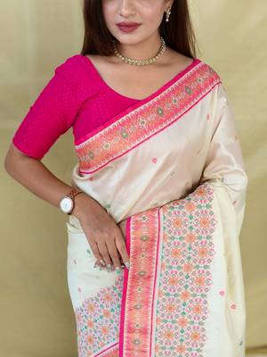Ivory soft silk saree with multithread zari contrast patola border and pallu 4