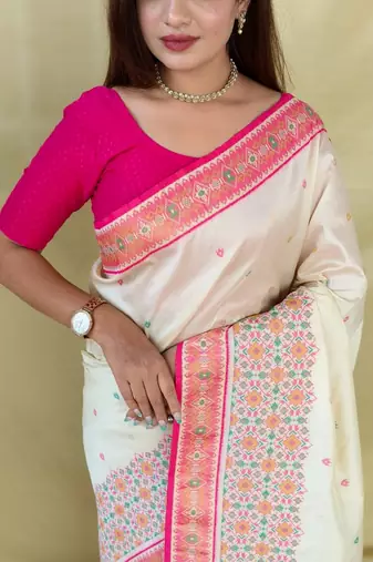 Ivory soft silk saree with multithread zari contrast patola border and pallu