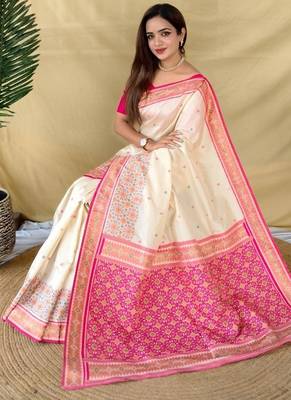 Ivory soft silk saree with multithread zari contrast patola border and pallu 5