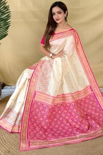 Ivory soft silk saree with multithread zari contrast patola border and pallu