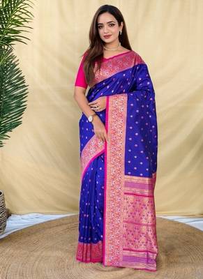 Royal blue soft silk saree with zari woven border and contrast zari pallu 1