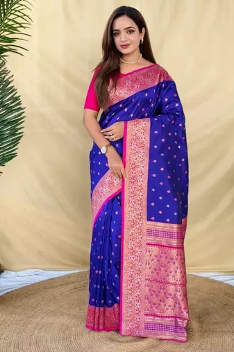 Royal blue soft silk saree with zari woven border and contrast zari pallu