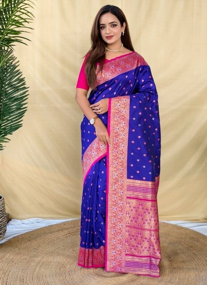 Royal blue soft silk saree with zari woven border and contrast zari pallu