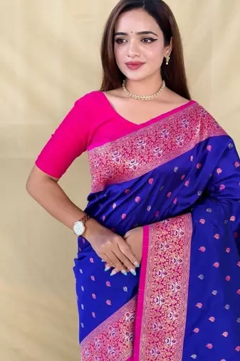 Royal blue soft silk saree with zari woven border and contrast zari pallu