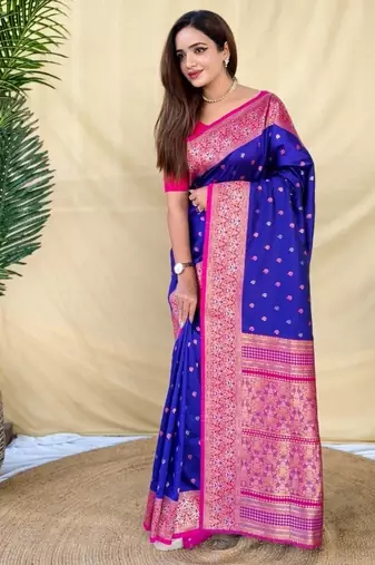 Royal blue soft silk saree with zari woven border and contrast zari pallu