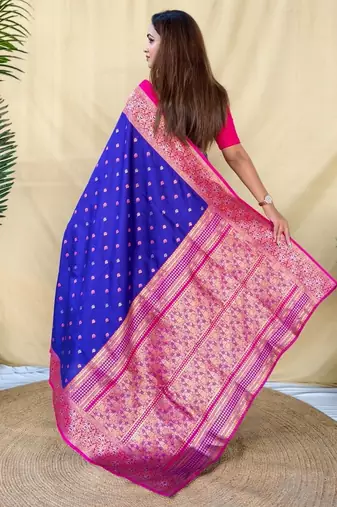 Royal blue soft silk saree with zari woven border and contrast zari pallu
