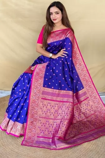 Royal blue soft silk saree with zari woven border and contrast zari pallu