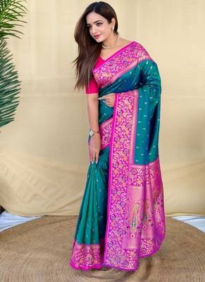 teal green soft silk saree adorned with delicate zari woven buttas 3