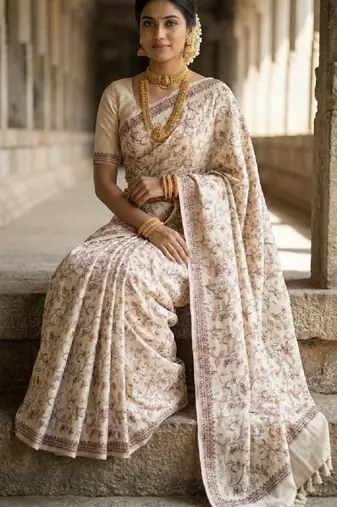 Cream loom tussar saree with all over designer embroidery