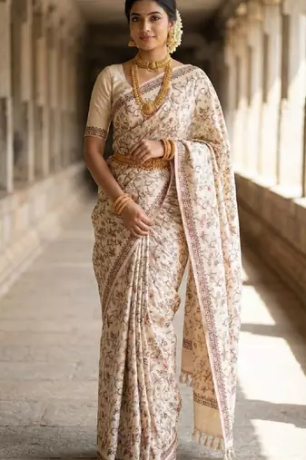 Cream loom tussar saree with all over designer embroidery