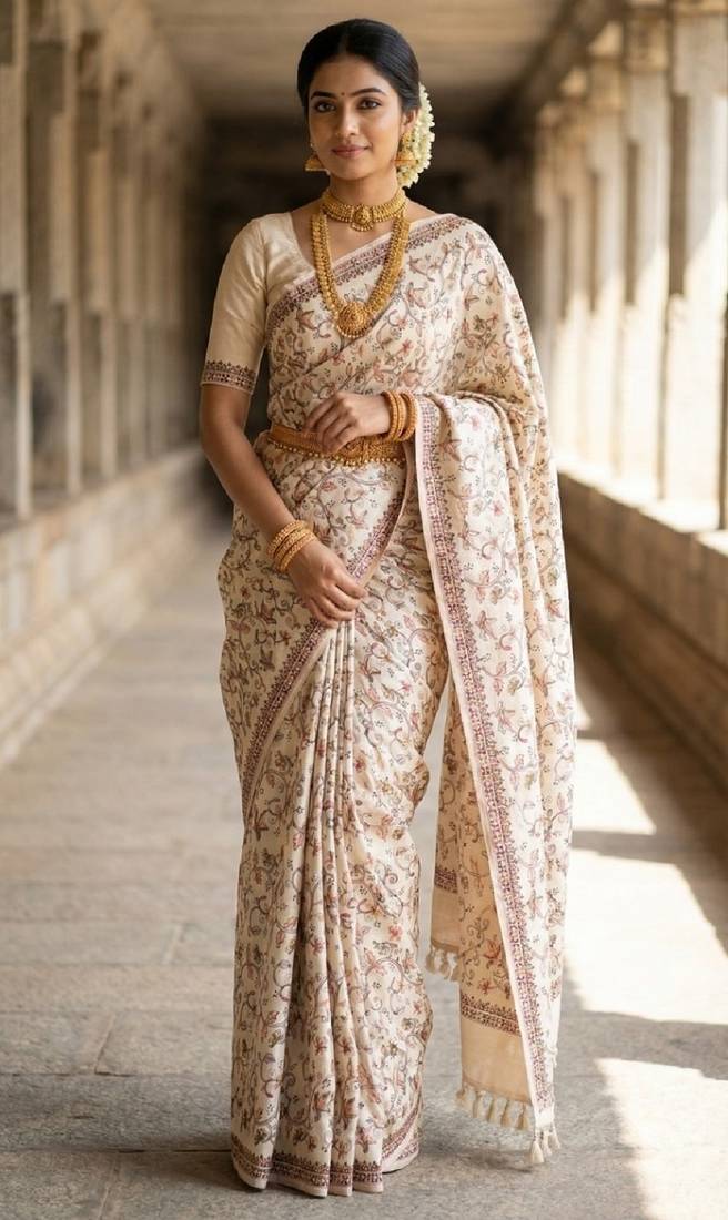 Cream loom tussar saree with all over designer embroidery