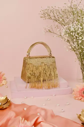 Bushra gold suede handcrafted box bag