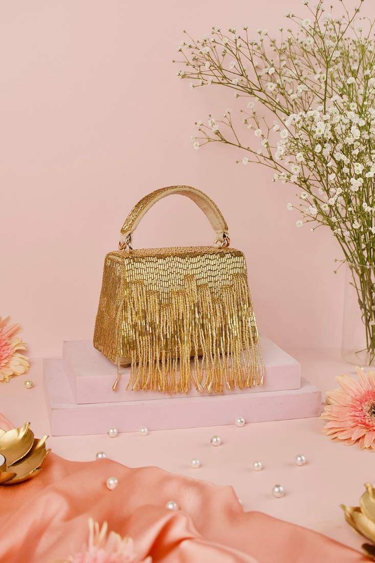 Bushra gold suede handcrafted box bag
