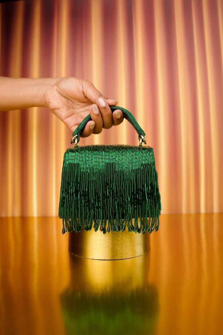 Bushra green suede handcrafted box bag