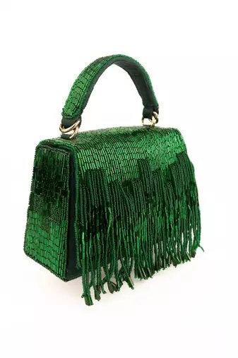 Bushra green suede handcrafted box bag