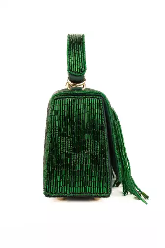Bushra green suede handcrafted box bag