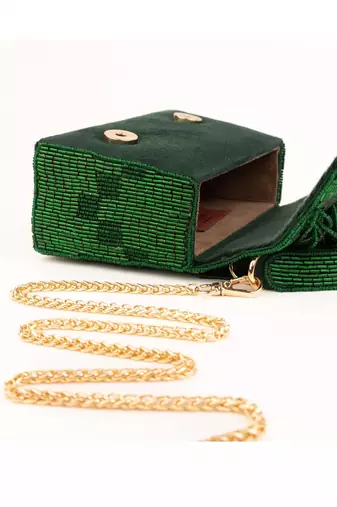 Bushra green suede handcrafted box bag