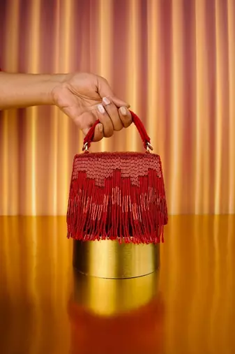 Bushra red suede handcrafted box bag