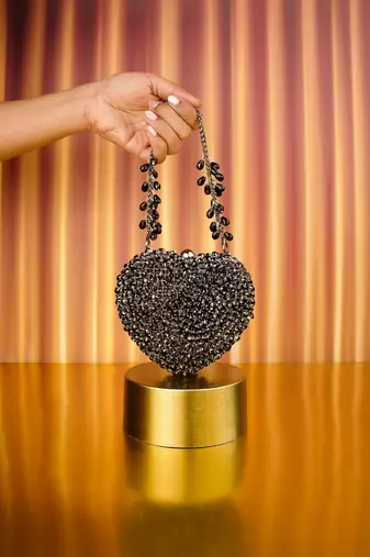 Lola black suede embellished heart bag