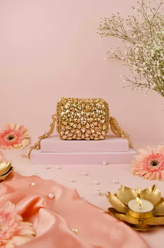 Mia gold georgette embellished mini cylinder bag