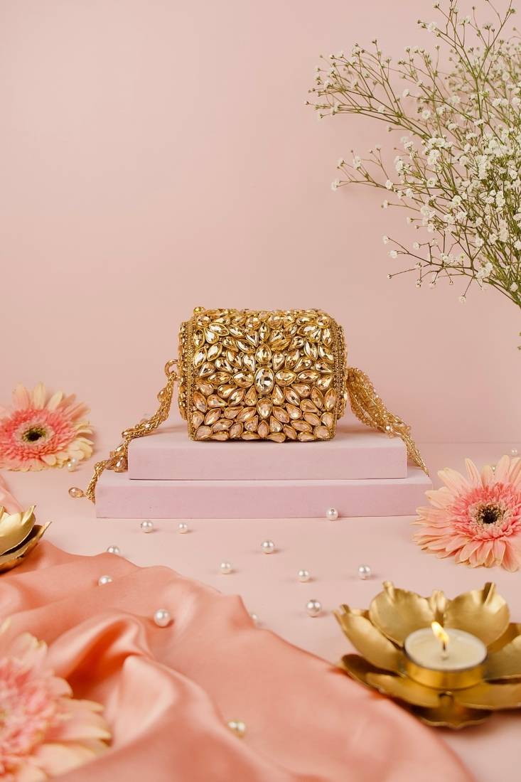 Mia gold georgette embellished mini cylinder bag