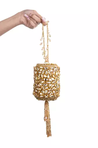 Mia gold georgette embellished mini cylinder bag