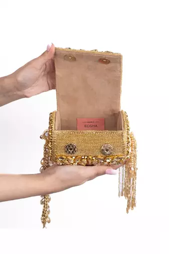 Mia gold georgette embellished mini cylinder bag