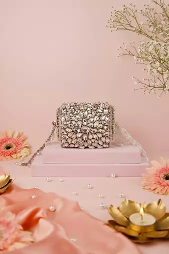 Mia silver georgette embellished mini cylinder bag