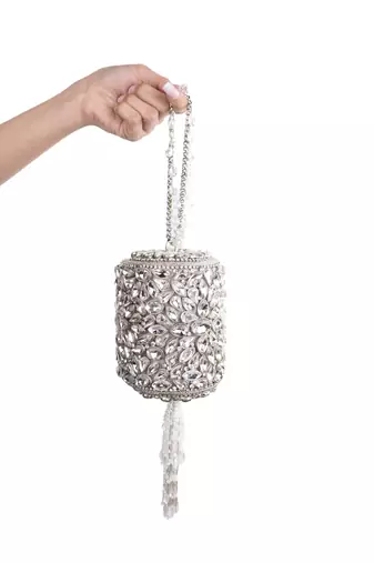 Mia silver georgette embellished mini cylinder bag