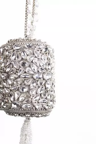 Mia silver georgette embellished mini cylinder bag